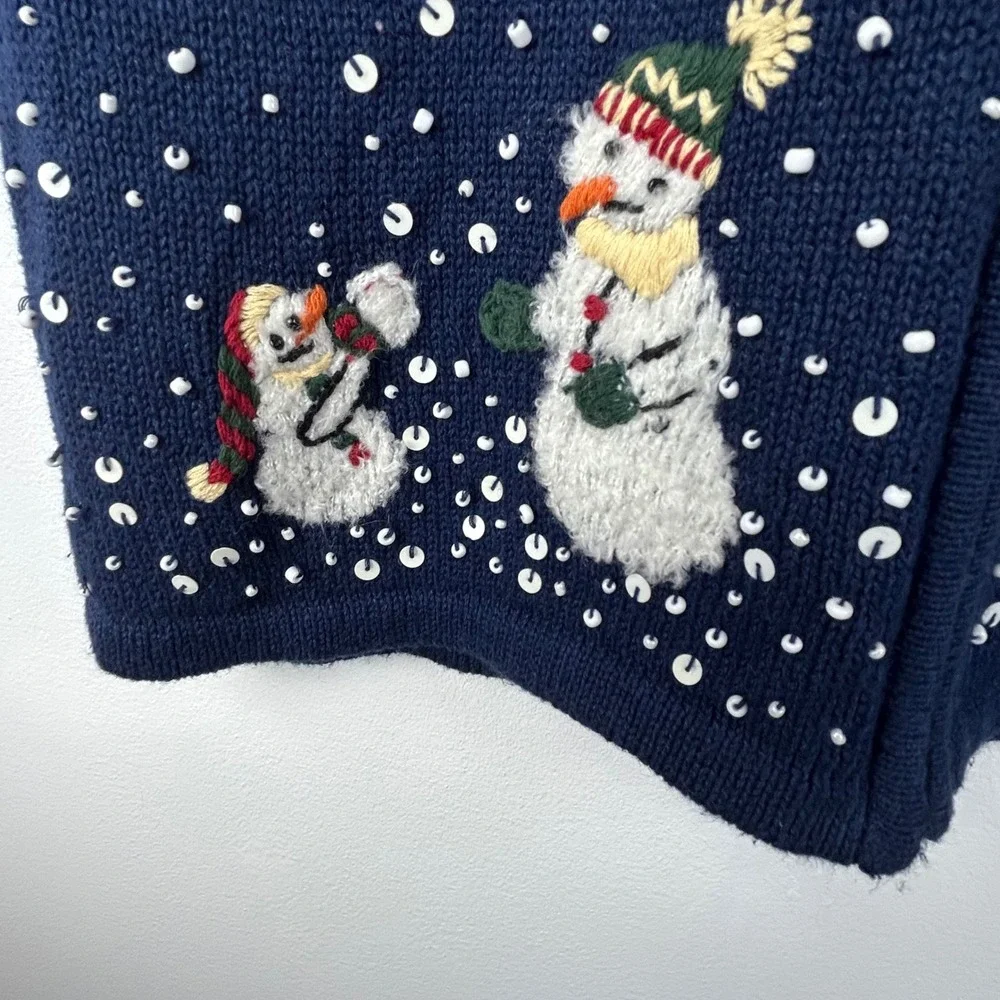 Vintage Breckenridge Navy Blue Snowman‎ Sequin Zip Up Vest Women's Medium